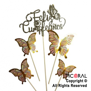 CAKE TOPPER FELIZ CUMPLEAOS PLATA CON MARIPOSAS CON STAMPING MULTICOLOR X 1